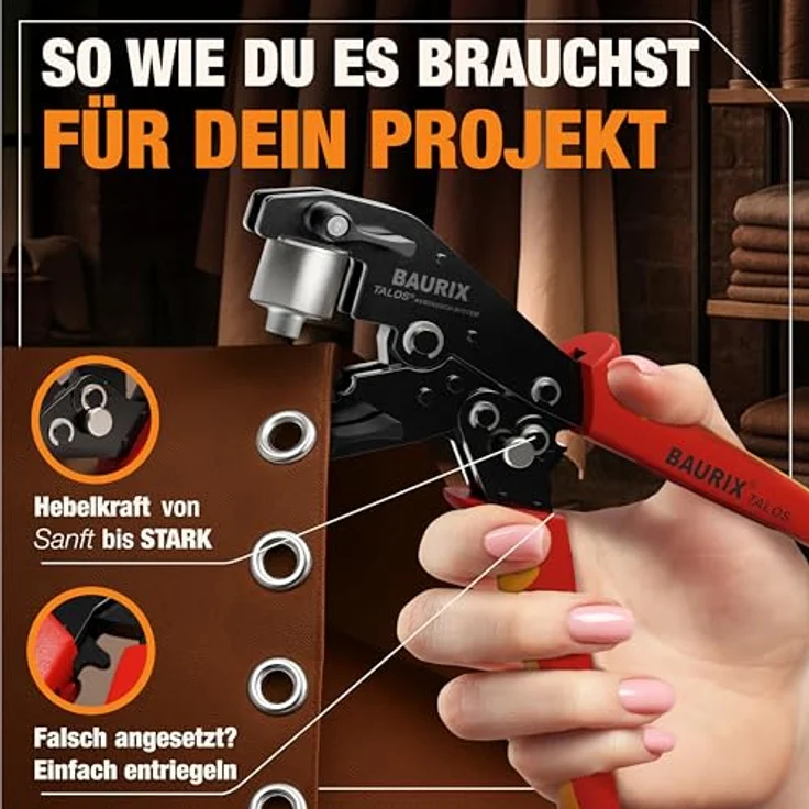 BAURIX® TALOS Ösenzange für Planen, inkl. 200 rostfreier Ösen (Ø 10mm), ohne Vorstanzen, magnetischer Halt, Karbonstahl-Werkzeug für PVC, Stoff, Leder – ideal für Schneider, Heimwerker & Bastler – Bild 2