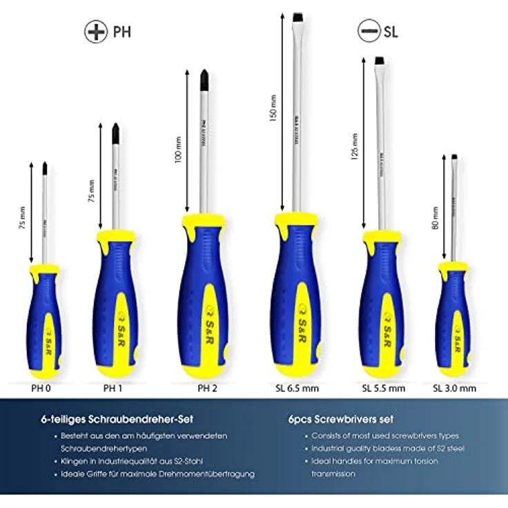 S&R Schraubendreher Set 6-tlg magnetisch, Kreuzschlitz PH und Schlitz SL, Power-Form Schraubendrehersatz, angepasster Ergo-Griff, mit hochlegierten S2 Spezialstahl Klingen – Bild 2