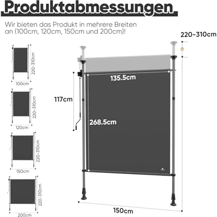 Strattore Ausziehbare Klemmmarkise / Senkrechtmarkise höhenverstellbar 150 x 310 cm - Anthrazit, UV- und witterungsbeständig – Bild 7