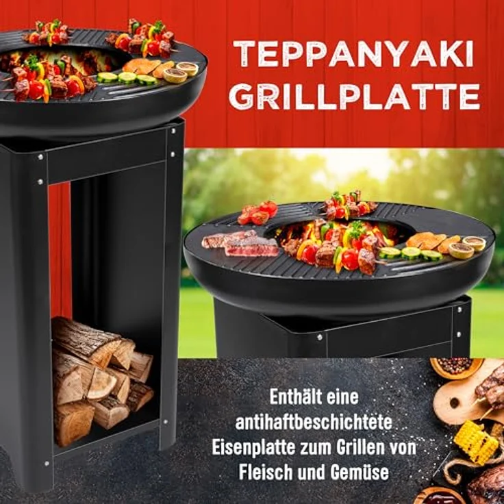 BBQ Collection 3-in-1 Feuerschale mit Grillrost - Feuerkorb 61 x 90 cm Metall - Outdoor Küche mit Teppanyaki und BBQ Grillplatte - Plancha BBQ mit Holzlagerplatz - Gartenkamin für Außen – Bild 5