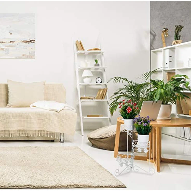 Relaxdays Blumenständer Metall, 3 Etagen, zum Klappen, dekorative Blumentreppe, vintage, innen & außen, H: 40 cm, weiß – Bild 5