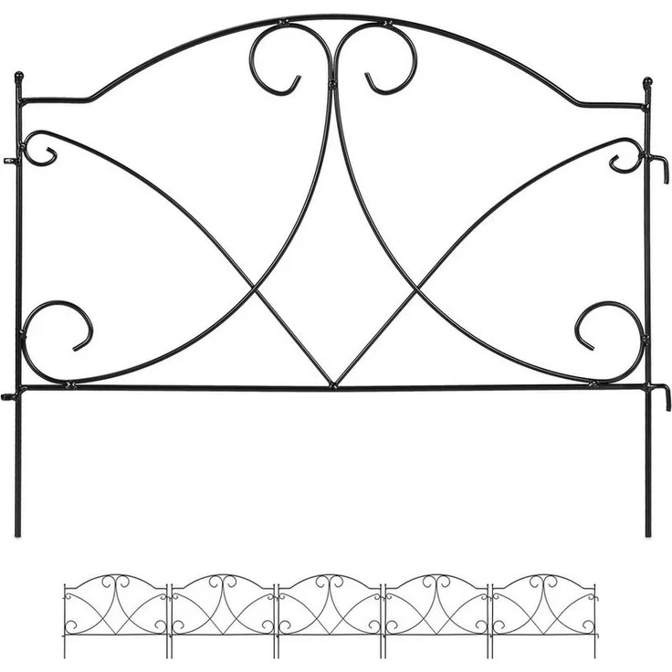 relaxdays Beetbegrenzung 6-tlg. Beetzaun aus Metall, Eisen, Antik-Design, Schwarz
