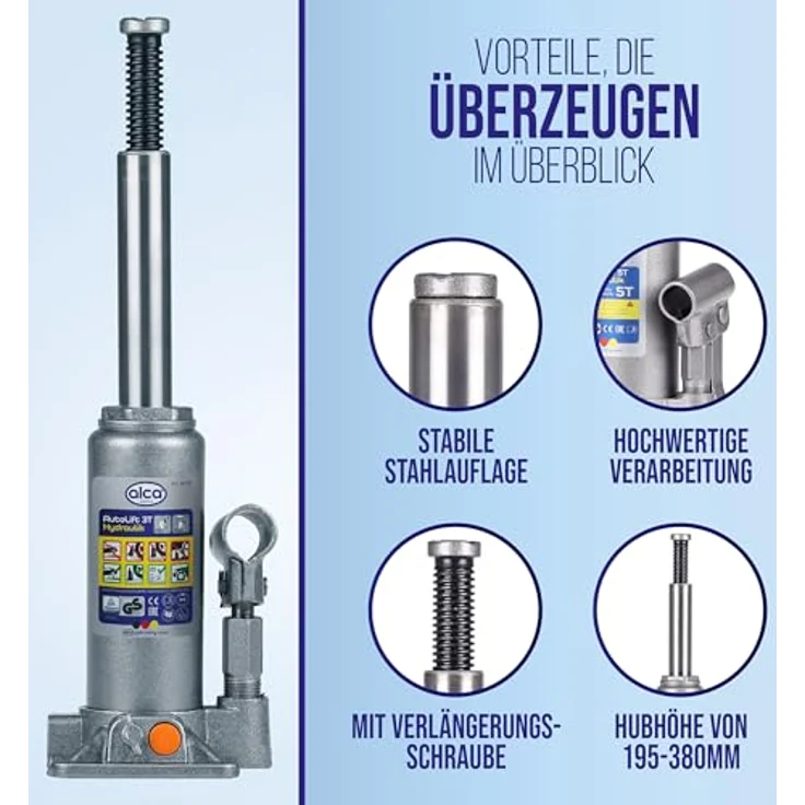 alca® Hydraulischer Wagenheber 3t, Stempelheber & Unterstellheber aus Stahl, Hubhöhe 195-380 mm, große Fußplatte für sicheren Stand, geriffelter Stempelteller – Bild 5