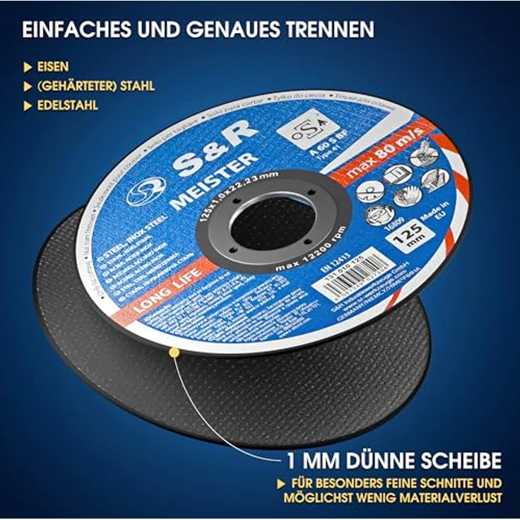 S&R Trennscheibe, Made in EU, 125 x 1,0 x 22,23 mm, Set 25 Stück Flexscheiben für Winkelschleifer – Bild 3