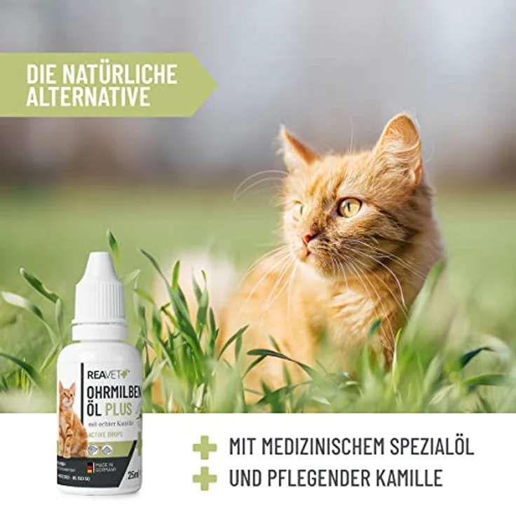 TESTURTEIL SEHR GUT 09/23 ReaVET Ohrmilbenöl Plus 25ml sofort wirksames Mittel für Katzen – gegen Ohrmilben mit Kamille für Katze, Sanfte Pflege bei Juckreiz im Ohr, Ohrentropfen Milben, Ohrenreiniger – Bild 5