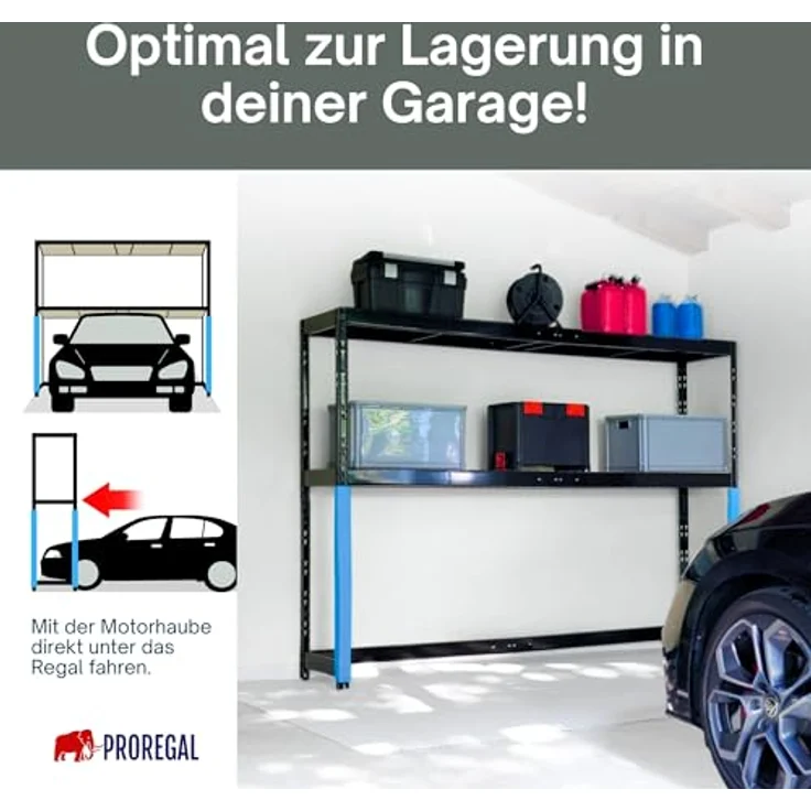 Proregal Schwerlastregal HERCULES, Garagenregal mit 2 Lagerebenen, Traglast pro Boden 300 kg, Stecksystem, Schwarz, 180 x 240 x 50 cm – Bild 3