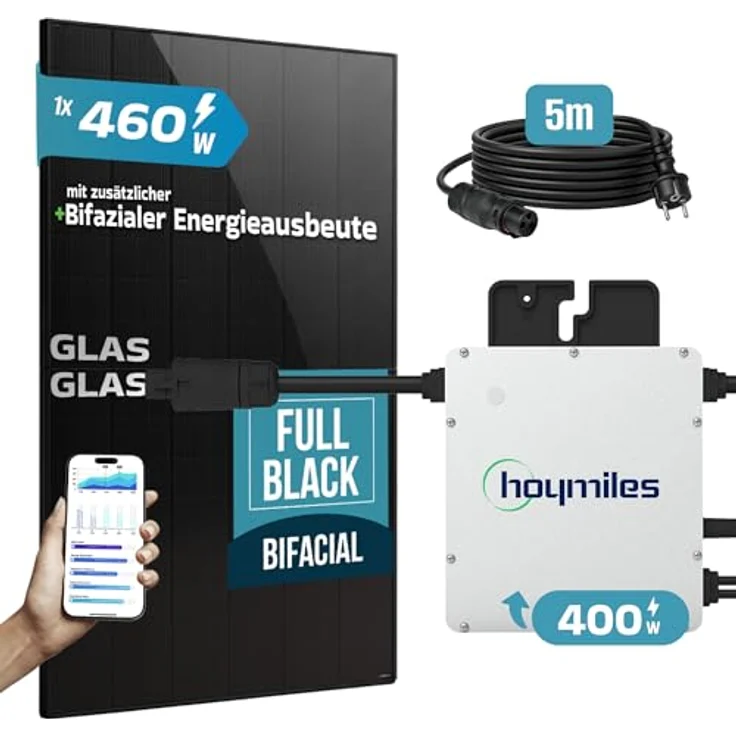 SUNNIVA® 460W Balkonkraftwerk BIFAZIAL FULLBLACK, komplettes PV Solaranlage Set mit 400W HOYMILES Wechselrichter und 460W N-Type Glas-Glas Bifacial Solarmodul, 5m Kabel – Bild 4