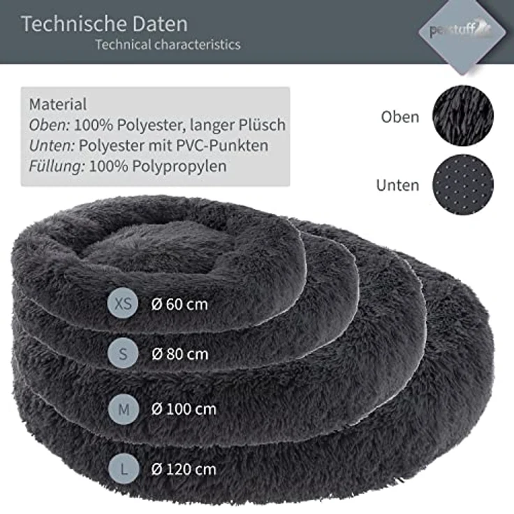 Petstuff Hundekissen Rund Donut, rutschfest, flauschig, waschbar, Farb- u. Größenwahl, dunkelgrau, Ø 60 cm – Bild 3