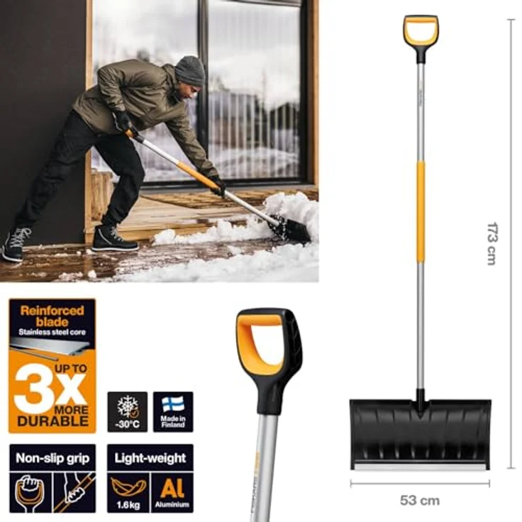 Fiskars X-series Schneeschieber, 53 cm Arbeitsbreite mit ergonomischem D-Griff und verstärktem Metallblatt – Bild 2
