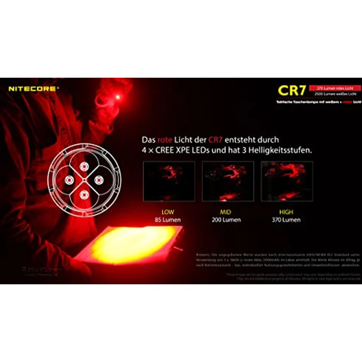 Nitecore Chameleon CR7 Jagdlampe, 2500 Lumen Weißlicht, 540 Lumen Rotlicht, LED Taschenlampe, 280 m Leuchtweite, schwarz – Bild 4