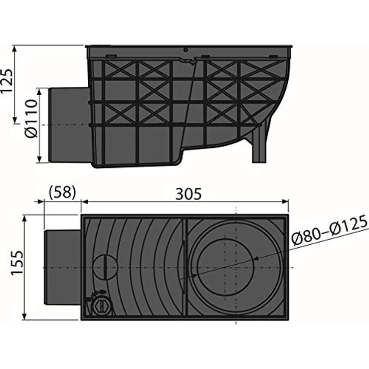 Alcaplast Universal Regensinkkasten 300x155/110, waagrecht Schwarz, für Einlaufdurchmesser Ø80-125mm und Ablauf DN110 – Bild 2