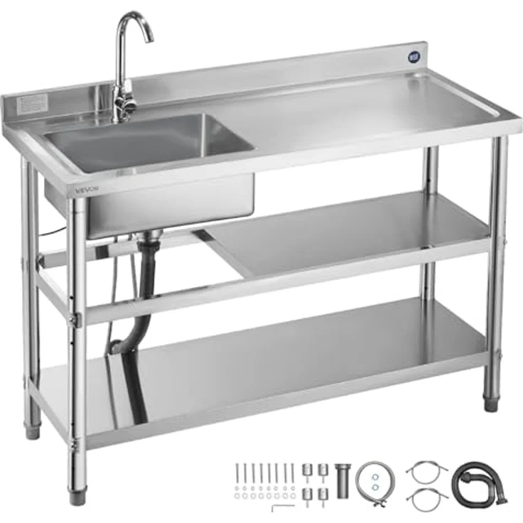 VEVOR Edelstahl Spültisch (120 x 50 x 94 cm) mit 360° Wasserhahn, 2 Ablagefächern und verstellbaren Füßen für Küche, Garage und Restaurant – Bild 1