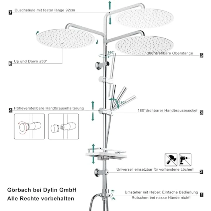 Görbach Edelstahl Duschset, Regendusche Duschsystem ohne Armatur, 30 cm Kopfbrause, verstellbare Duschstange, Duschablage Chrom – Bild 4