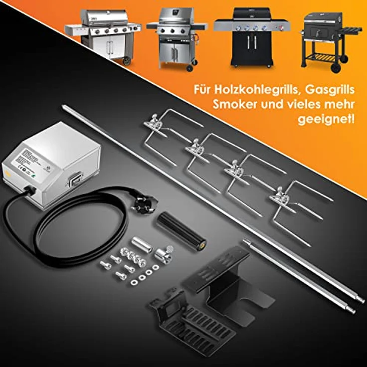 KESSER Edelstahl Grillspieß Set 107cm passend für Weber Spirit Gasgrill mit 4X Fleischnadeln BBQ Fleischklammer, Griffstück und Motor Rotisserie Elektrischer Drehspieß 220V - 240V Silber – Bild 8