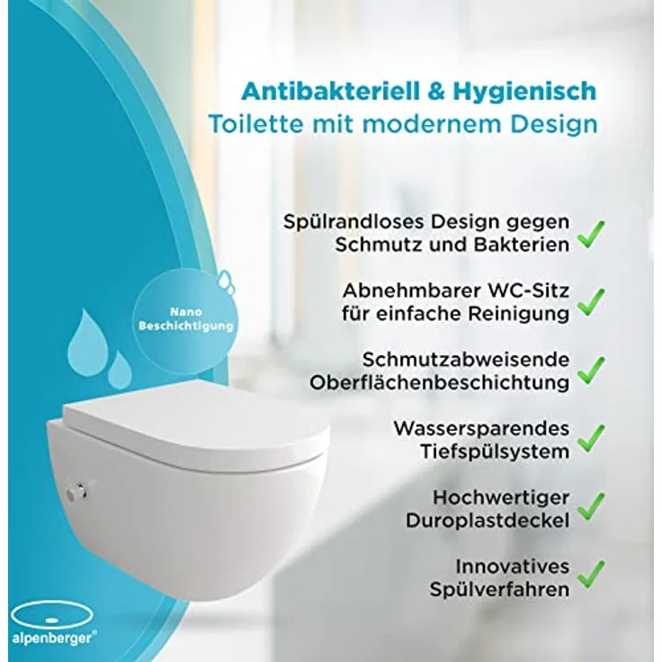 Alpenberger Wand WC mit Bidet Funktion | Dusch WC Kloschüssel & Toilettendeckel mit Absenkautomatik | Toilette Spülrandlos mit Armatur | Taharet WC Nano Hänge WC Set Passend Geberit (Cera 6250 U) – Bild 5