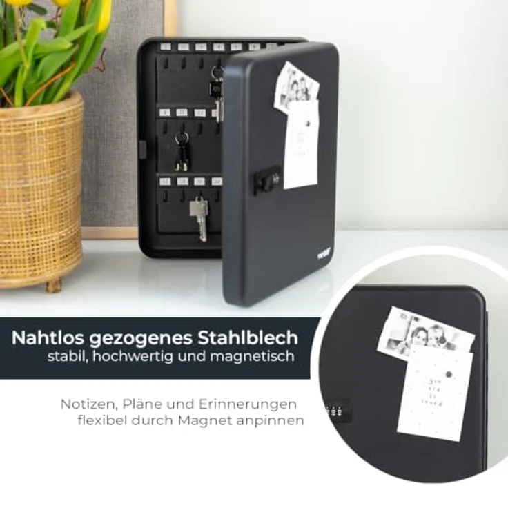 HMF Schlüsselkasten, Schlüsselschrank mit 3er Zahlencode, 6 nummerierte Hakenleisten, 30 x 24 x 7,5 cm, Schwarz – Bild 6