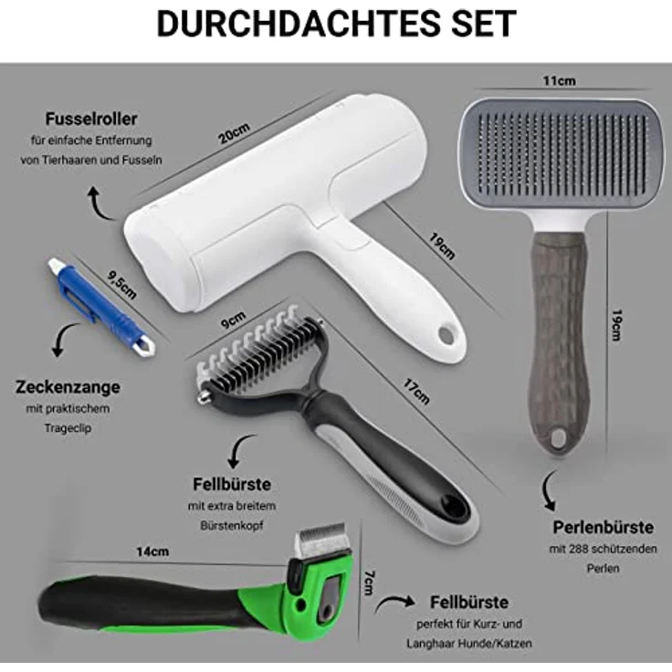 FinoPet 5er Set mit verschiedenen Hundebürsten/Katzenbürsten, XL Fusselrolle und Zeckenzange im Aktionsset, Langhaar Kurzhaar Unterwolle Bürsten Tierhaarentferner, Automatische Zeckenentfernung – Bild 2