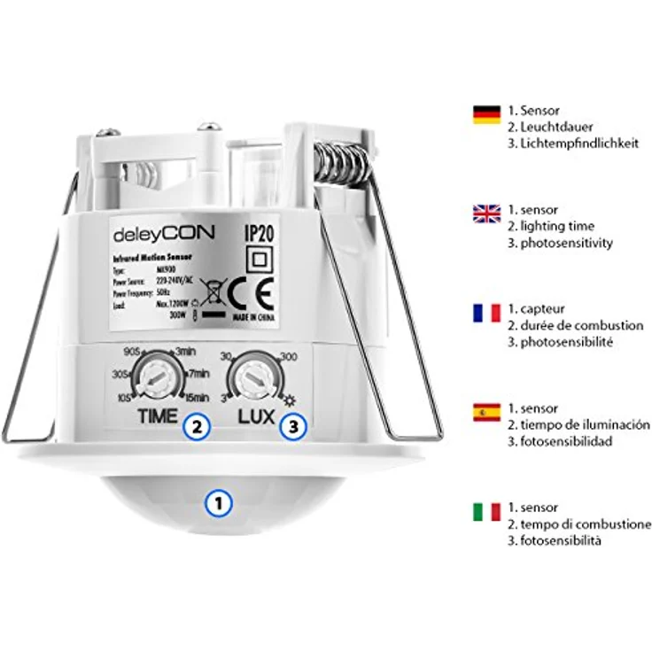 deleyCON 4X Infrarot Bewegungsmelder Unterputz Deckenmontage Innenbereich Weiß, 360° Arbeitsfeld 6m Reichweite eingebauter Lichtsensor – Bild 3