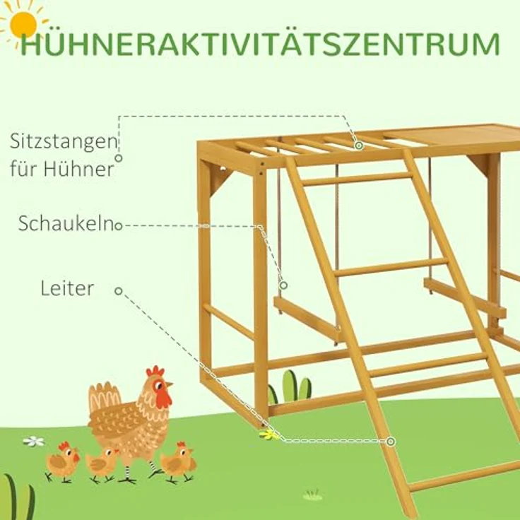 PawHut Hühnerstall Spielplatz mit Schaukeln und Leiter, Naturholz, für 3-4 Hühner, 100x110x70 cm, gelb – Bild 3