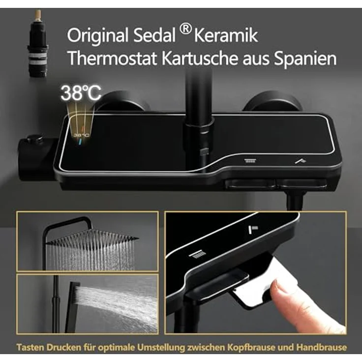 Görbach Regendusche Duschsystem mit Thermostat, 25x25 cm Kopfbrause, Schwarz, antikalk-Düsen, höhenverstellbare Duschstange – Bild 4