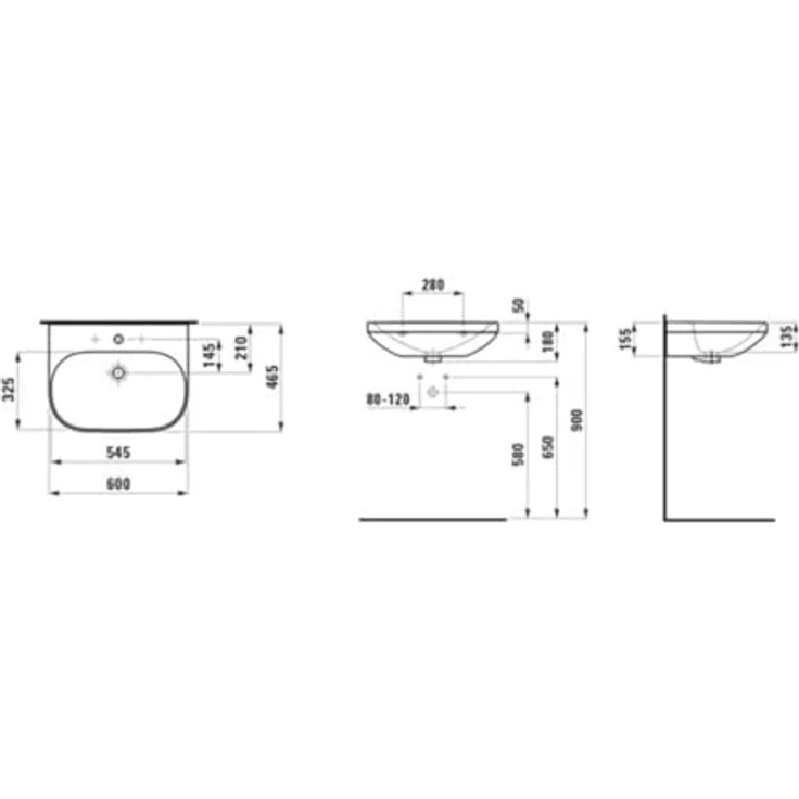 Laufen Waschbecken Lua 60x46cm m ÜL 1 HL-A Pergamon (460 mm, 600 mm) mit Steinschraubenbefestigung 280 mm – Bild 2