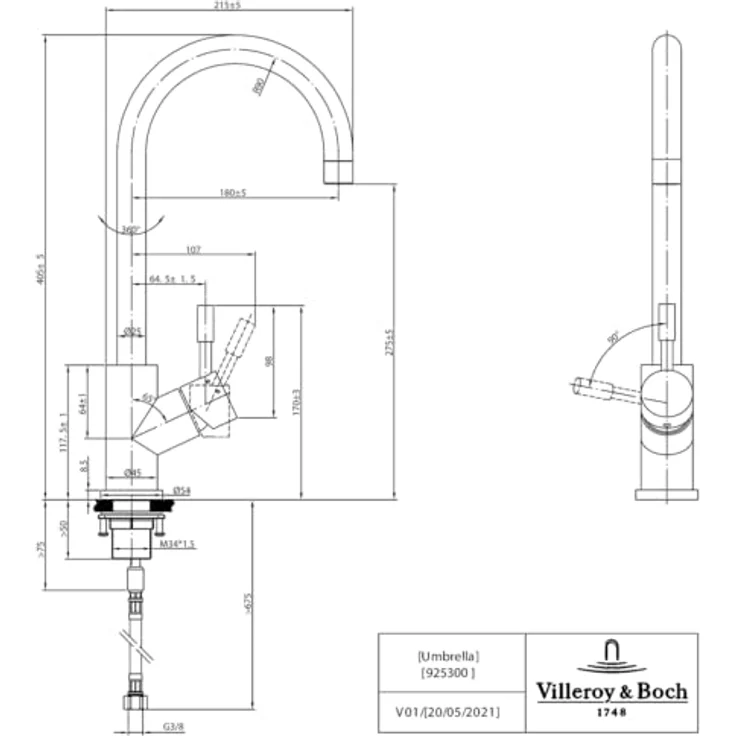 Villeroy & Boch Küchenarmatur 92530003, Edelstahl massiv in Gold, 360° Schwenkbereich, keramische Dichtungen, Durchflussmenge 14,0 l/min – Bild 7