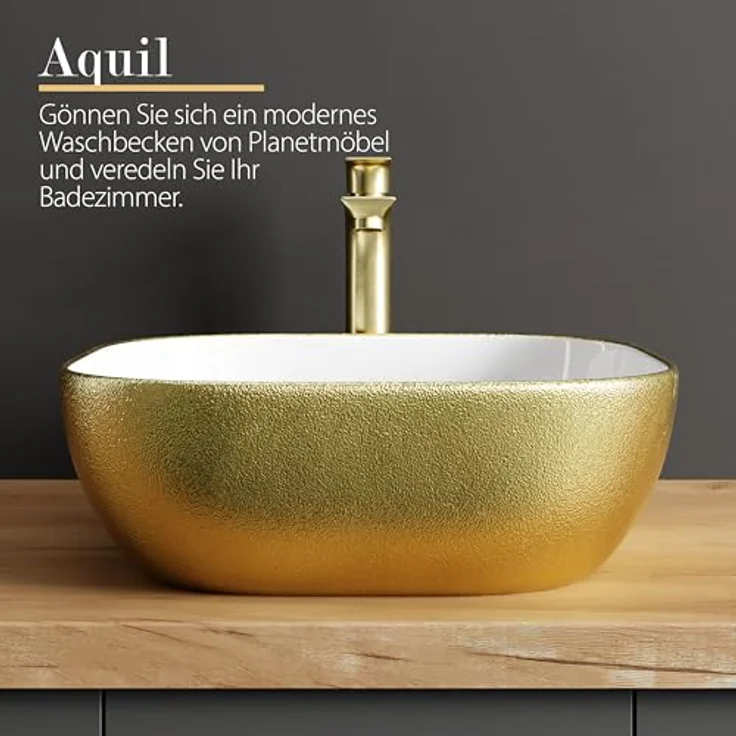 Planetmöbel Aufsatzwaschbecken Aquil, Keramik Waschbecken 42 cm quadratisch, glänzend in Gold, ohne Hahnloch und Überlauf, für Waschtische und Waschplätze – Bild 4
