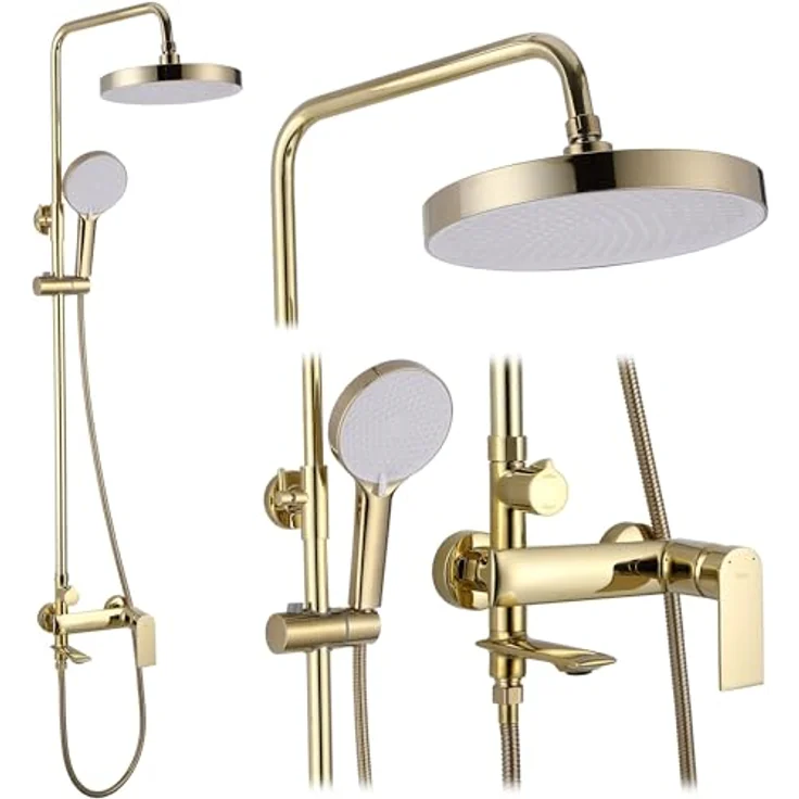 Rea Veneta Gold Duschsystem, Duschset mit Duscharmatur, Duschkopf und Kopfbrause aus Messing, Aufputzmontage, 3 Funktionen, gold – Bild 1