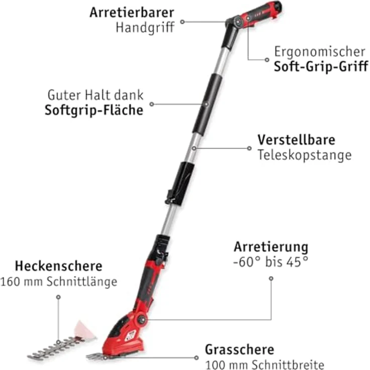 WALTER Akku Heckenschere/Grasschere mit stufenloser Teleskopstange (bis 120 cm), 12V Li-Ion, 1200 U/min, Laserschneidmesser, 160 mm Schnittlänge, inkl. Akku und Schnellladegerät – Bild 3