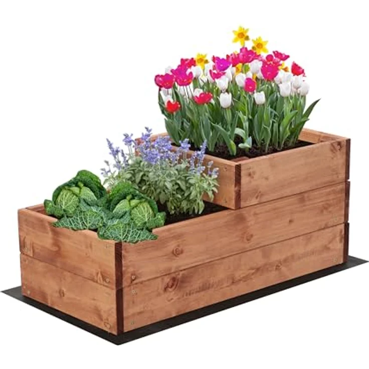 MODO24 Hochbeet Holz, 2-stufiger Pflanzkasten mit Gartenvlies, Abmessungen 27x30x63 cm, Farbe: Braun, ideal für Gemüse- und Kräuteranbau – Bild 1