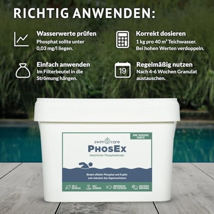 swimcare Phos-Ex, Natürlicher Phosphatbinder zur Teichpflege, 15 kg Sack, bindet Phosphate und Schwermetalle – Bild 5