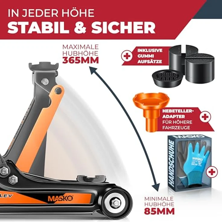 Masko Wagenheber hydraulisch Flache Hubhöhe + 2x Gummiauflage + Handschuhe, KFZ Rangierwagenheber hydraulischer 360° Rollen Heber Unterstellbock, 2.5 Tonnen, in Rot – Bild 5