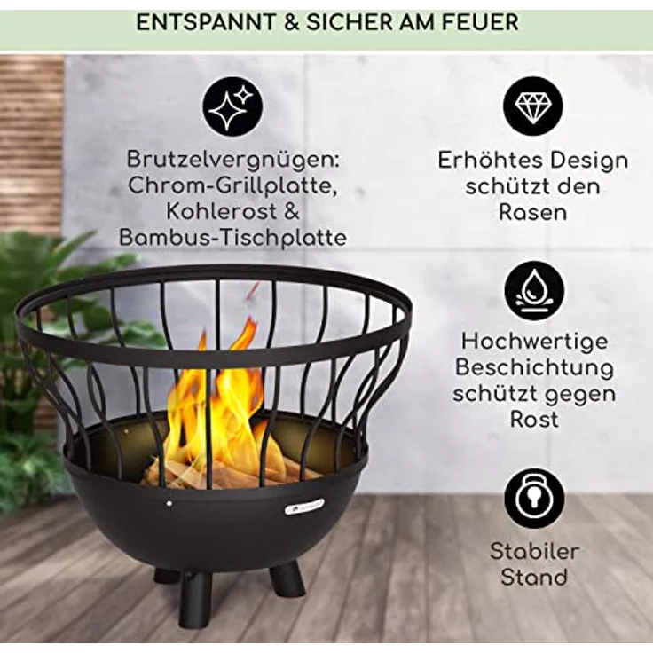 Blumfeldt Feuerschale Garten, 63 cm hohe Wetterfeste Feuerstelle mit Grillrost, Bambusdeckel und Grillring, aus robustem Stahl – Bild 3
