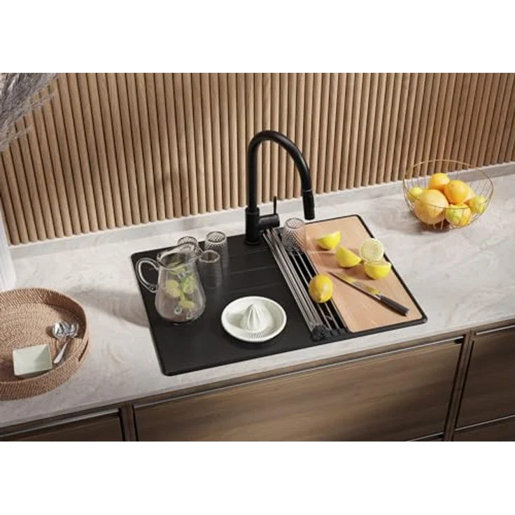 Primagran Granitspüle Alles Schwarz 70x50cm, 1 Becken + Ablauf-Set + Küchenarmatur + Schneidebrett, ab 40er Unterschrank - Top – Bild 2