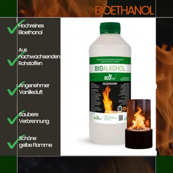 Bioetanol AEG BP-BZ-12L, 12 Liter Bioethanol ohne Geruch, geruchsneutraler Biobrennstoff für Bioethanol-Kamine, rauchfrei & umweltfreundlich, 12 x 1L Flasche – Bild 3