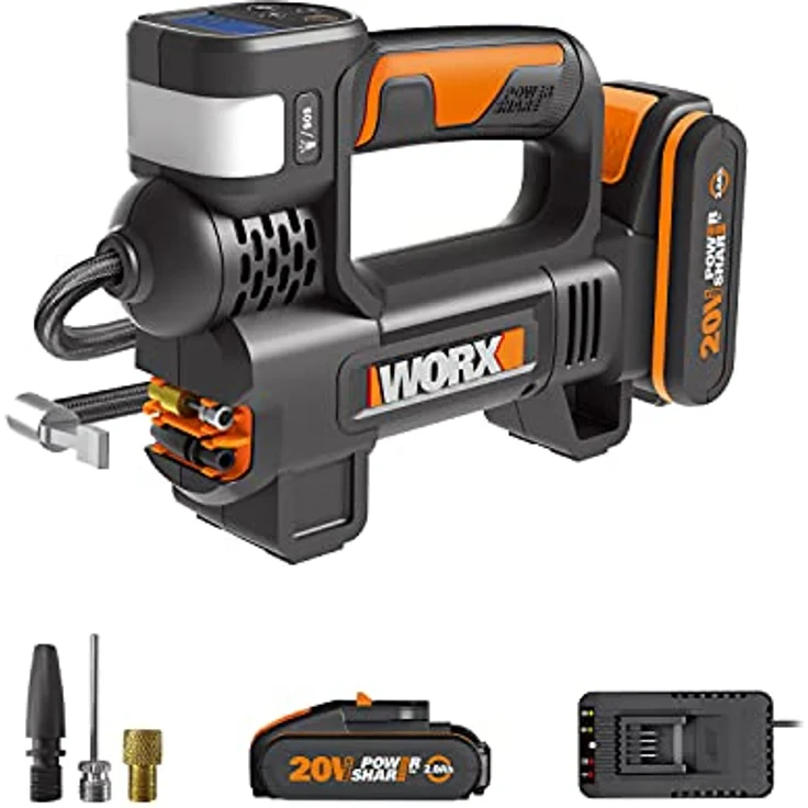 WORX - Luftkompressor und LED-Projektor, kabellos, 150 PSI – 20 V-2 Ah – WX092 (Lieferung mit Akku und Schnellladegerät, Lieferung mit Adapter für Fahrrad/Auto, Reifenaufpumpen in 2 min40s) – Bild 1