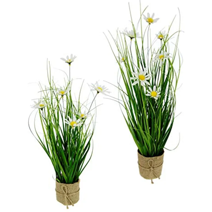 Künstlicher Grasbusch mit Margeriten im Jute-Topf Blumen Blüten Gras Bund stehend Stehgras Grasbündel Kunstpflanze Dekogras Kunstgras Pflanze Ziergras Grasbüschel Deko Grasarrangement Gräser künstlich