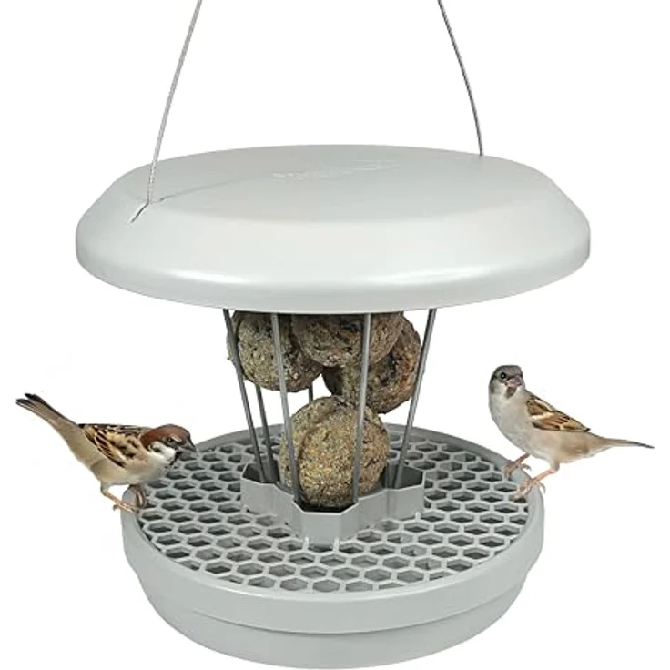 SWISSSWISSINNO Vogelfutterhaus zum Aufhängen – Lucerne SMART Birds - Meisenknödelhalter mit Auffangschale - Futterstation Rattensicher - Vogelfutterspender für 7 Meisenknödel - Hellgrau – Bild 1