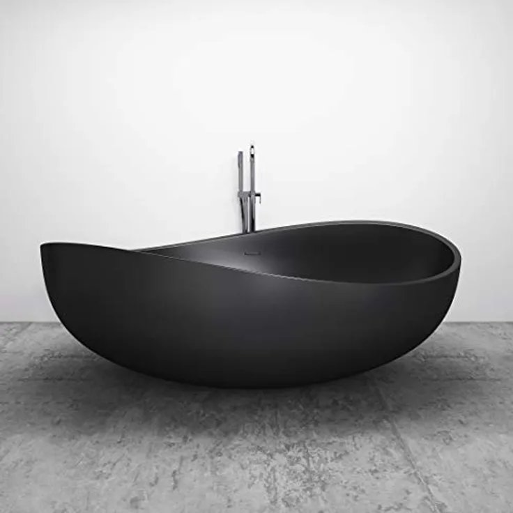 BERNSTEIN Freistehende Badewanne WAVE STONE, Mineralguss, 180 x 110 cm, Schwarz matt, antibakteriell, inkl. Ab- und Überlaufsystem