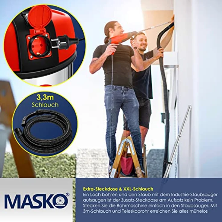 Masko® Industriestaubsauger Staubsauger Nass Trocken Sauger Edelstahl 2300W + Steckdose | Blasfunktion | Trocken-Saugen & Nass-Saugen | Push&Clean | Industrie-Sauger mit & ohne Beutel | beutellos – Bild 4