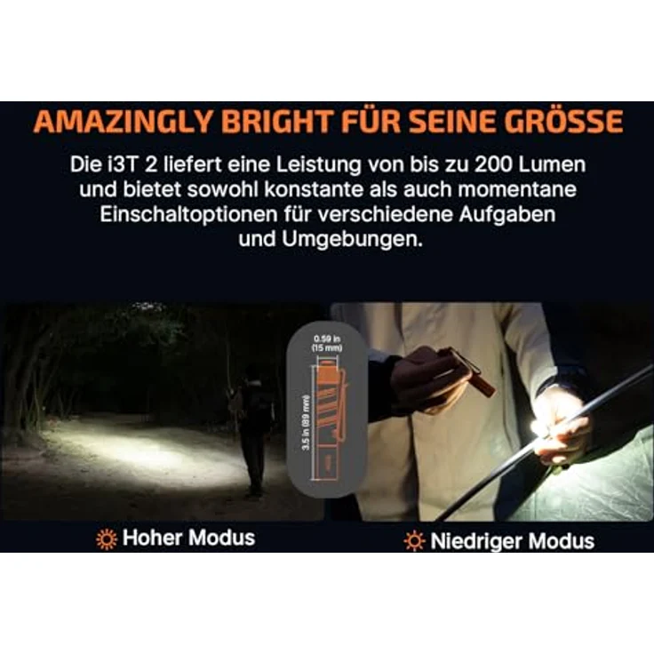 OLIGHT I3T 2 Mini Taschenlampe, 200 Lumen, kompakt mit 2 Lichtmodi, beidseitigem Taschenclip, IPX8 wasserdicht, orange – Bild 3