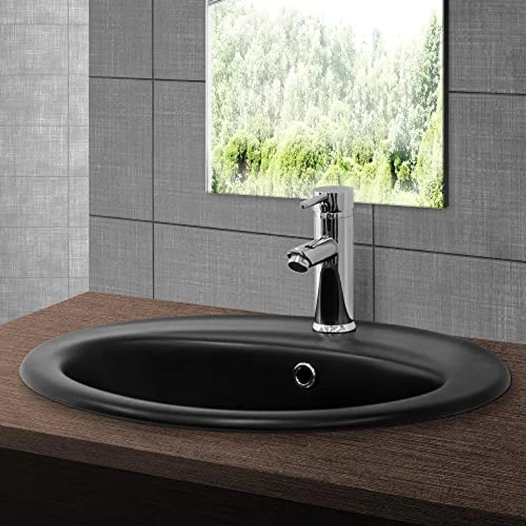 ML-Design Waschbecken aus Keramik in Schwarz matt 57x48,5x19,5 cm Oval, Einbauwaschbecken mit Überlauf, Aufsatzwaschbecken Einbauwaschtisch Waschschale Handwaschbecken, für Badezimmer/Gäste WC - Preisvergleich – Bild 1