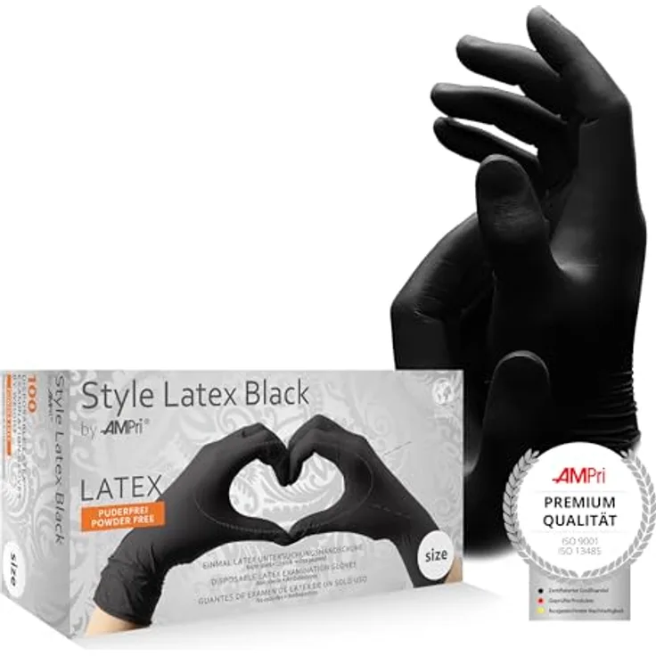 AMPri Latexhandschuhe, schwarz, 100 Stück/Box, Größe XS, puderfrei, Style Latex Black: Latex Einweghandschuhe in den Größen XS, S, M, L, XL erhältlich