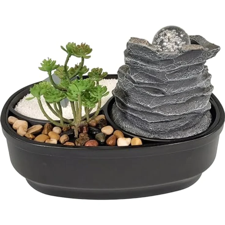Lemodo Zimmerbrunnen Tischbrunnen mit Zen-Garten, Pumpe mit LED-Beleuchtung, Polyresin, fernöstliches Flair – Bild 5