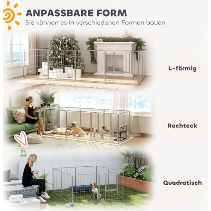 PawHut Welpenlaufstall, 8-TLG Freilaufgehege aus rostfreiem Stahl, 80 cm hoch, flexibel konfigurierbar mit Einwegtür und Erdspießen für drinnen und draußen – Bild 3