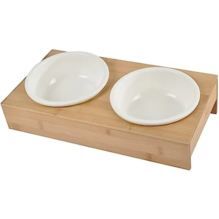 Doppelter Futternapf, Keramik, mit Halterung, Bambus, Natur, D16 cm, 37 x 19,5 cm, Weiß