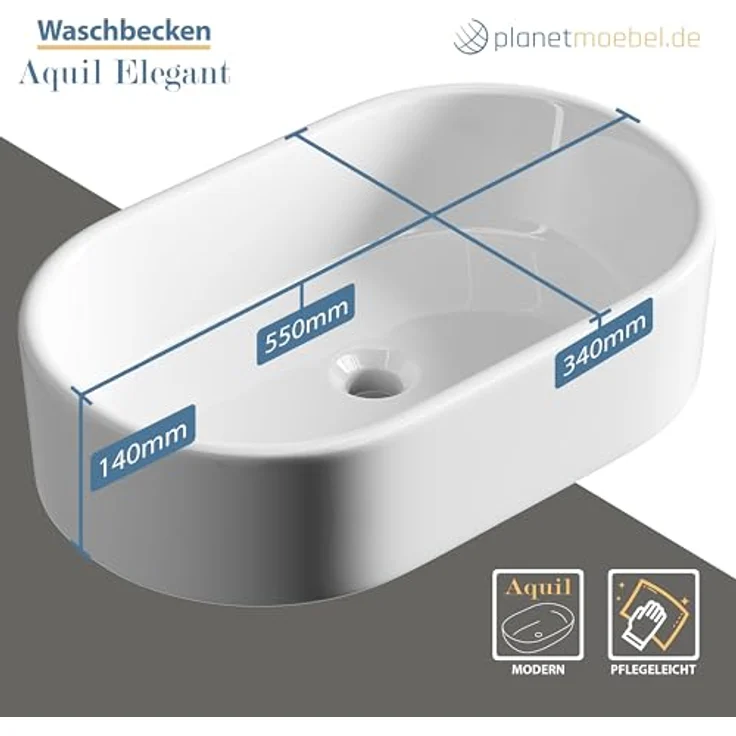 Planetmöbel Aufsatzwaschbecken Aquil Elegant, ovales Badezimmer Waschbecken 55 cm, matt, weiß für Waschtisch – Bild 5