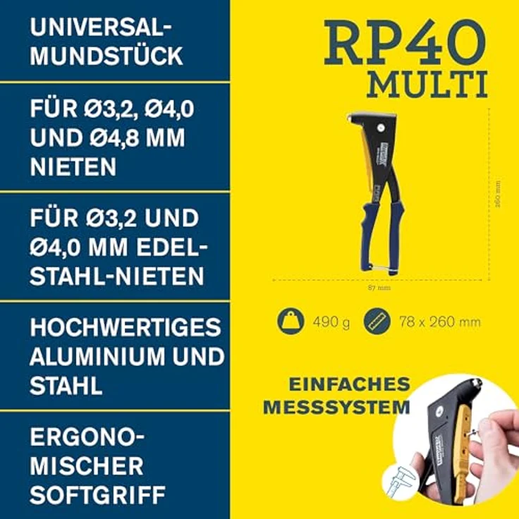 Rapid RP40 Multi Blindnietzange, Universalmundstück mit integriertem Messsystem, für Aluminium- und Edelstahlniete von 3,2-4,8 mm, mattschwarz – Bild 2