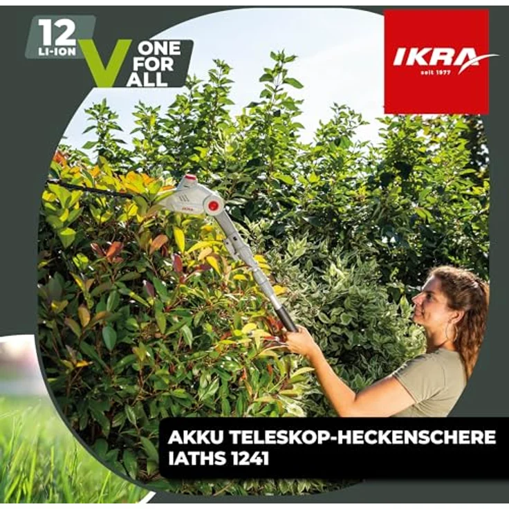 IKRA Akku Teleskop Heckenschere IATHS 1241, kabellos mit 41 cm Schnittlänge, 4-fach verstellbarem Schnittwinkel und Schutzbrille, inkl. 12 V Akku & Ladegerät – Bild 2