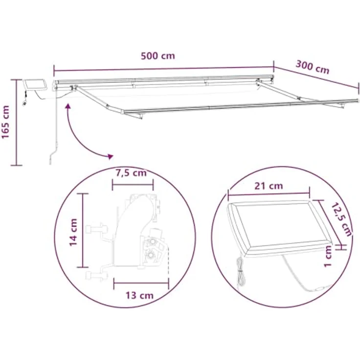 vidaXL Ausziehbare Markise Taupe 500 x 300 cm, UV-beständig mit Aluminiumrahmen und solarbetriebenen LEDs – Bild 3
